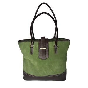Vintage Eddie Bauer Green Suede Brown Leather Large Tote Bag Handbag Purse